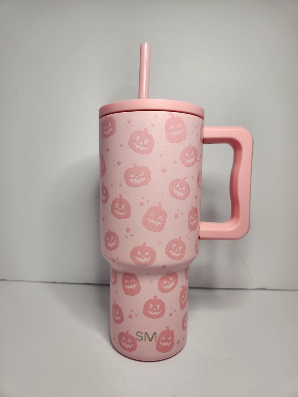 Simple Modern Pink Pumpkin Travel Mug with Handle and Straw